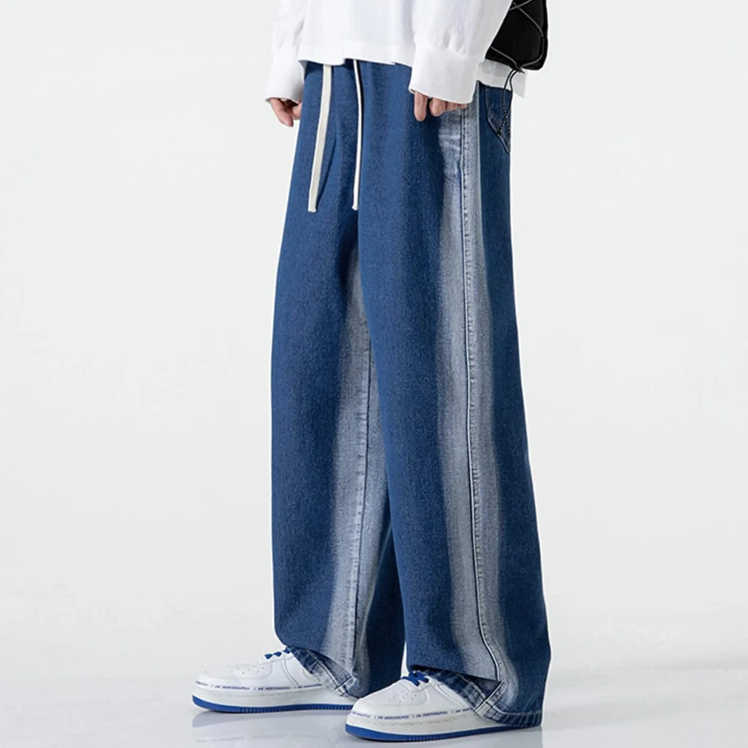 Work Long Trousers Jeans Pants Pocket Drawstring Waist Solid Color Slim Toe Jeans Taper Jean Men's Straight Fit