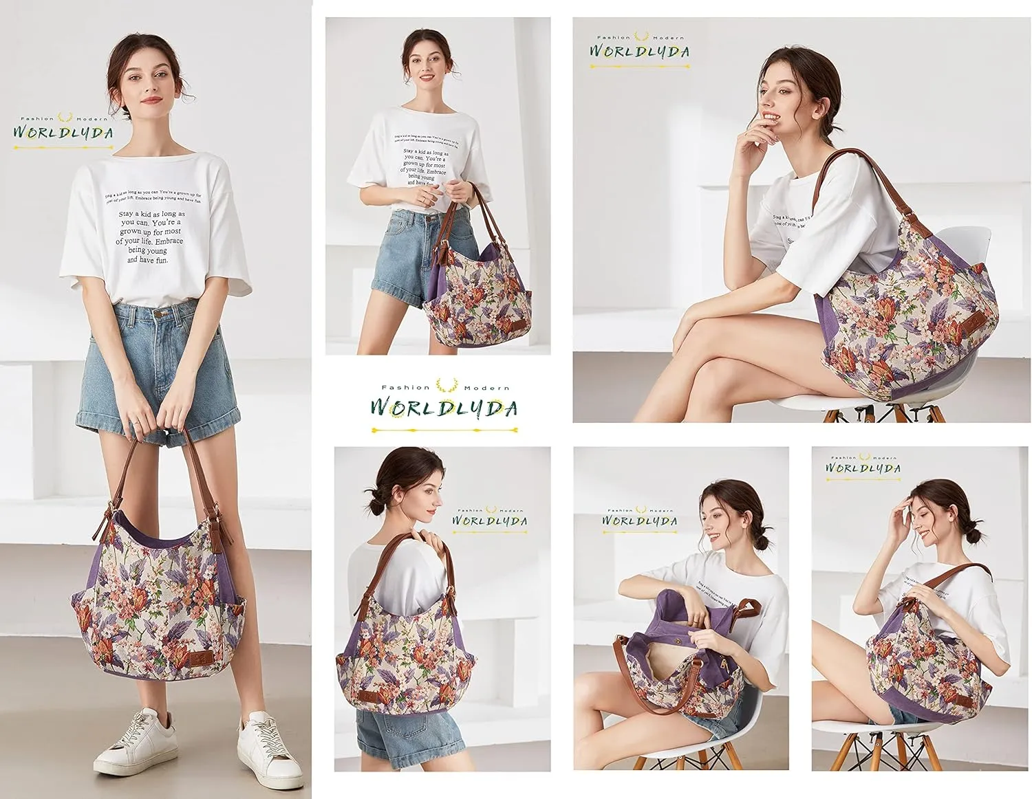 Worldlyda Women Canvas Hobo Purse Multi Pocket Tote Shopper Shoulder Bag Casual Top Handle handbag with Embroidery Ethnic