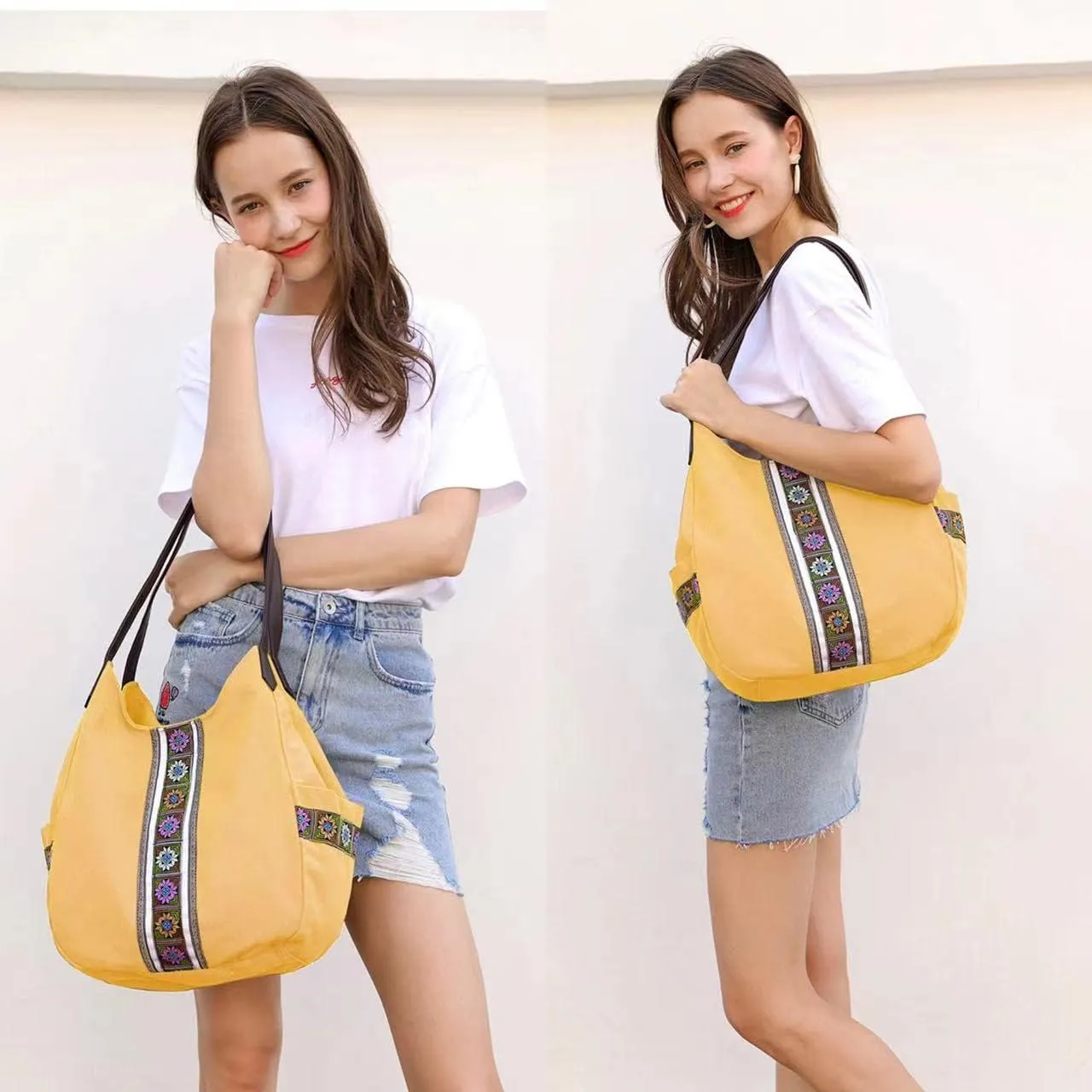 Worldlyda Women Canvas Hobo Purse Multi Pocket Tote Shopper Shoulder Bag Casual Top Handle handbag with Embroidery Ethnic
