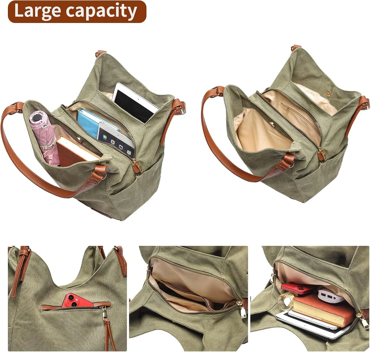 Worldlyda Women Canvas Hobo Purse Multi Pocket Tote Shopper Shoulder Bag Casual Top Handle handbag with Embroidery Ethnic