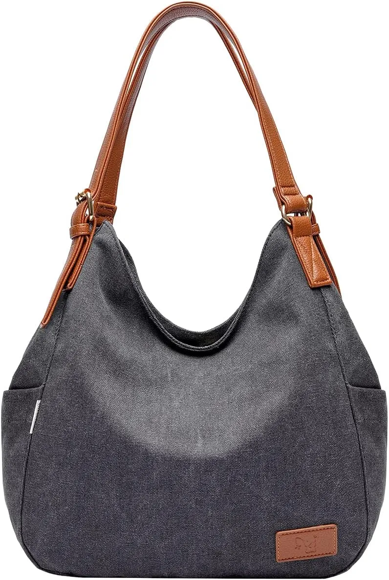 Worldlyda Women Canvas Hobo Purse Multi Pocket Tote Shopper Shoulder Bag Casual Top Handle handbag with Embroidery Ethnic