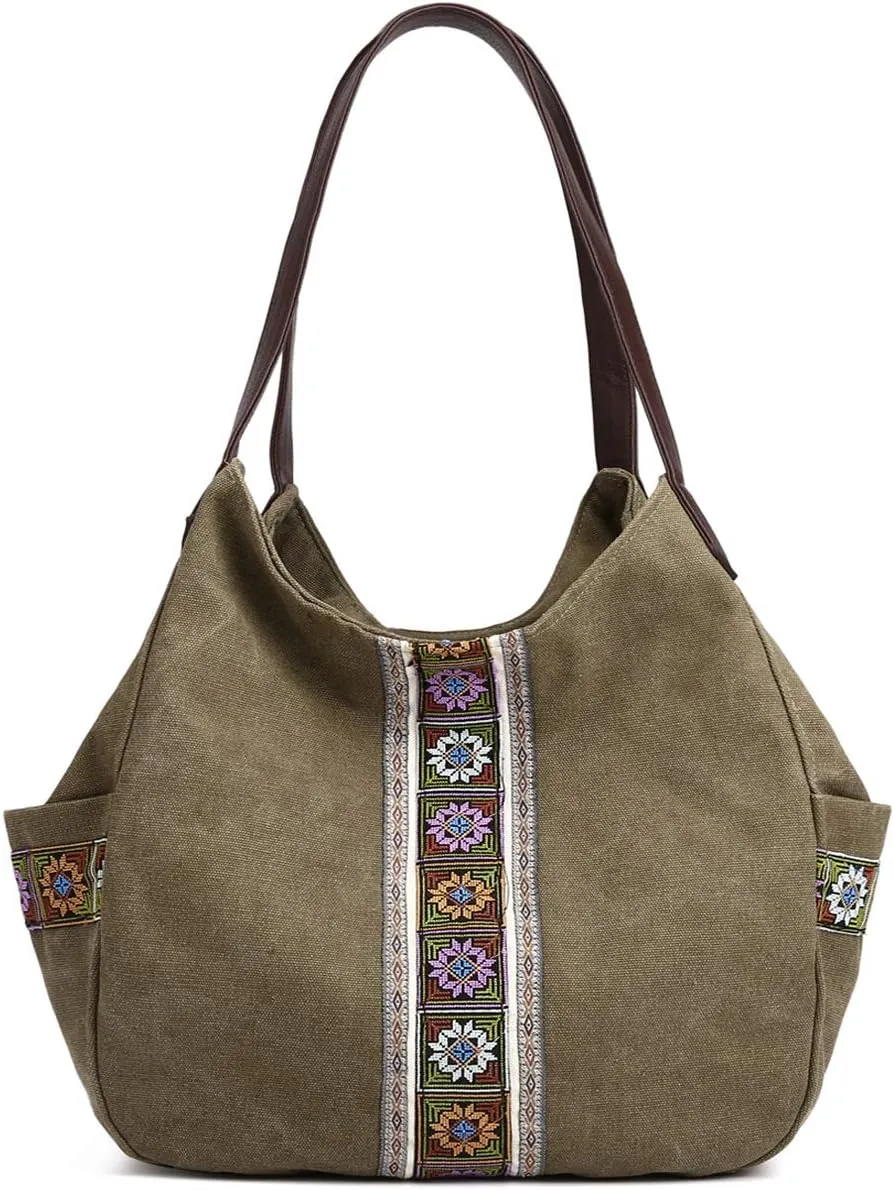 Worldlyda Women Canvas Hobo Purse Multi Pocket Tote Shopper Shoulder Bag Casual Top Handle handbag with Embroidery Ethnic