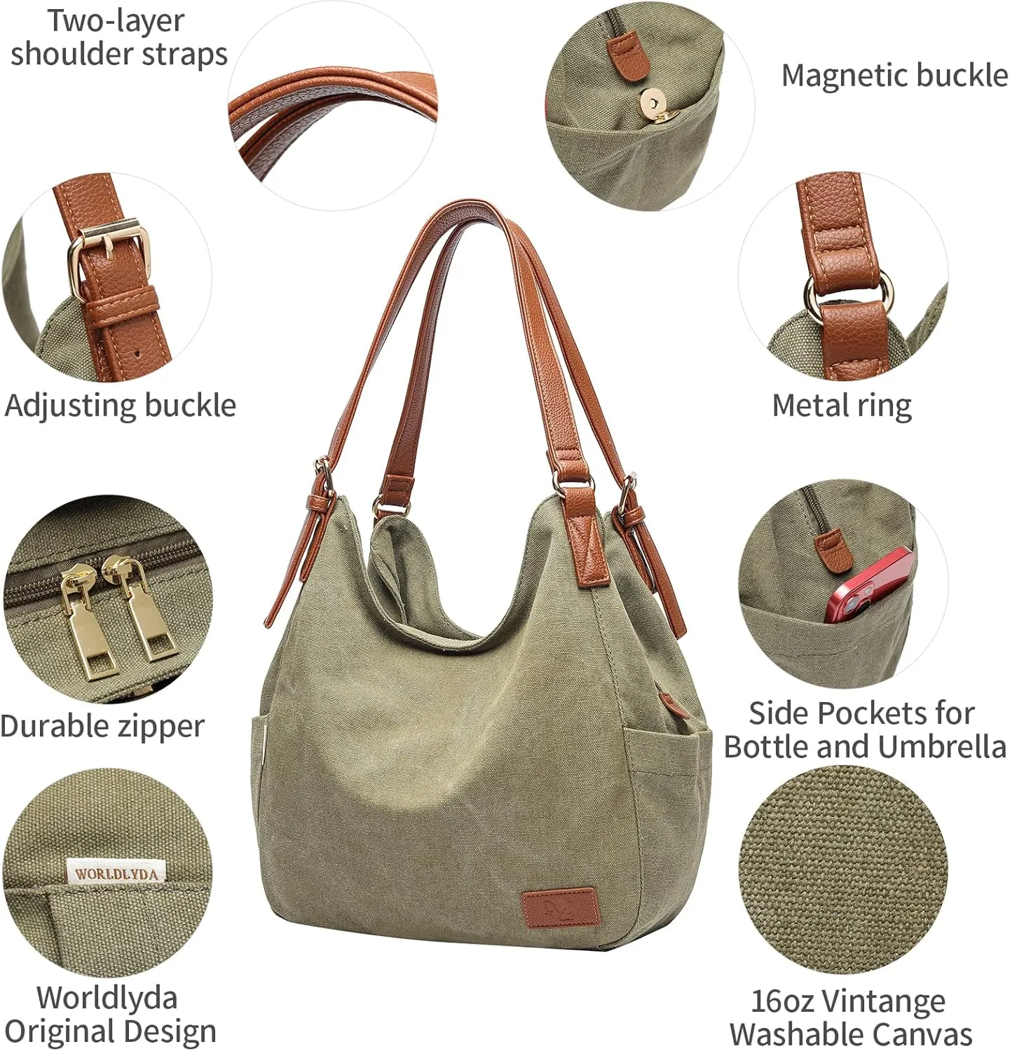 Worldlyda Women Canvas Hobo Purse Multi Pocket Tote Shopper Shoulder Bag Casual Top Handle handbag with Embroidery Ethnic