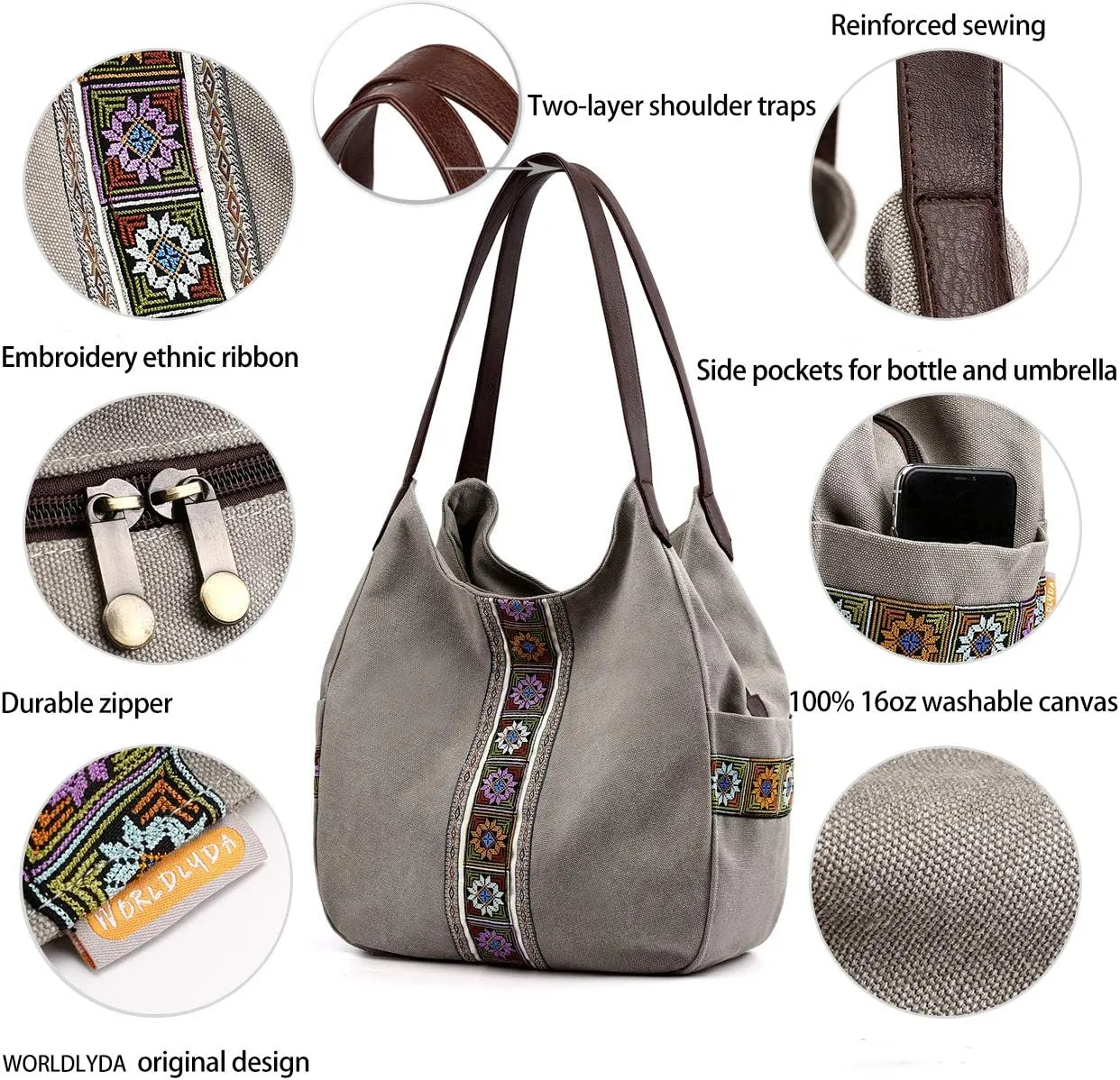Worldlyda Women Canvas Hobo Purse Multi Pocket Tote Shopper Shoulder Bag Casual Top Handle handbag with Embroidery Ethnic