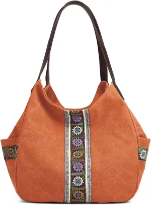 Worldlyda Women Canvas Hobo Purse Multi Pocket Tote Shopper Shoulder Bag Casual Top Handle handbag with Embroidery Ethnic