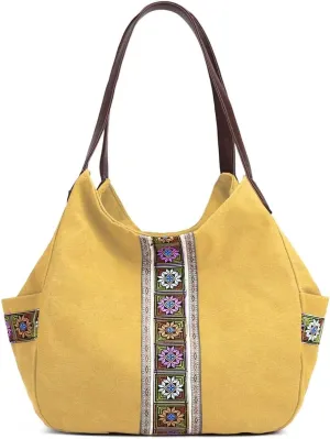 Worldlyda Women Canvas Hobo Purse Multi Pocket Tote Shopper Shoulder Bag Casual Top Handle handbag with Embroidery Ethnic
