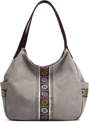 Worldlyda Women Canvas Hobo Purse Multi Pocket Tote Shopper Shoulder Bag Casual Top Handle handbag with Embroidery Ethnic