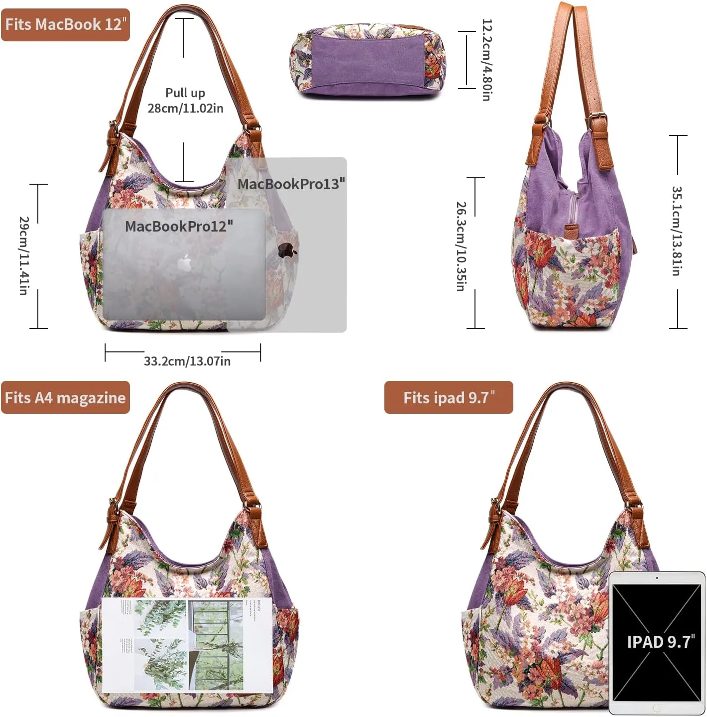 Worldlyda Women Canvas Hobo Purse Multi Pocket Tote Shopper Shoulder Bag Casual Top Handle handbag with Embroidery Ethnic