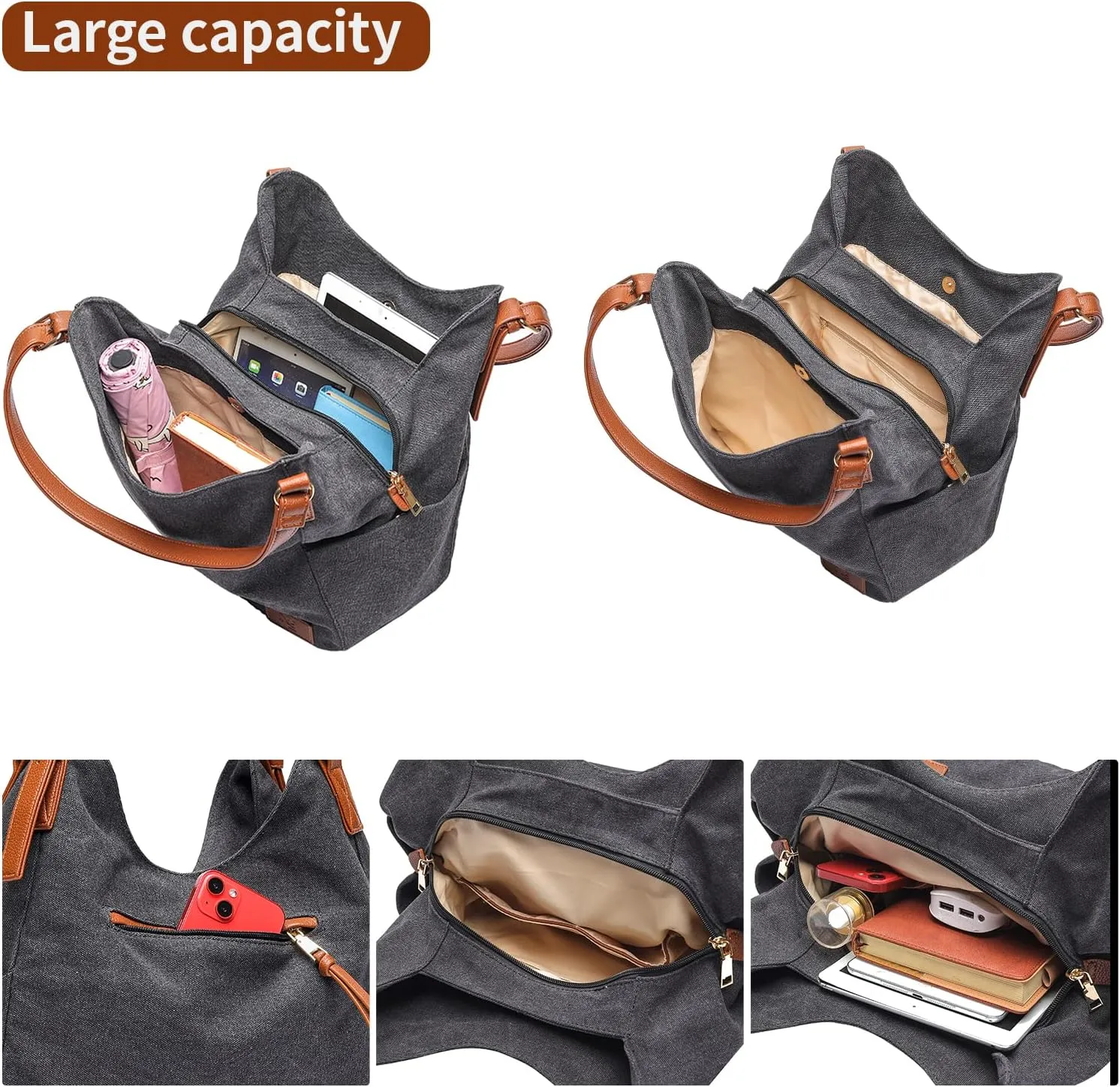 Worldlyda Women Canvas Hobo Purse Multi Pocket Tote Shopper Shoulder Bag Casual Top Handle handbag with Embroidery Ethnic