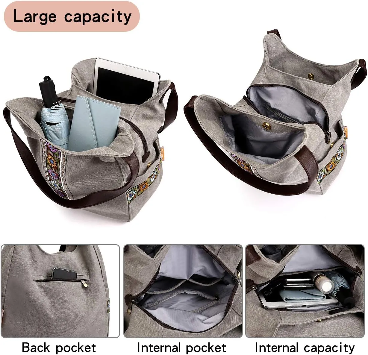Worldlyda Women Canvas Hobo Purse Multi Pocket Tote Shopper Shoulder Bag Casual Top Handle handbag with Embroidery Ethnic
