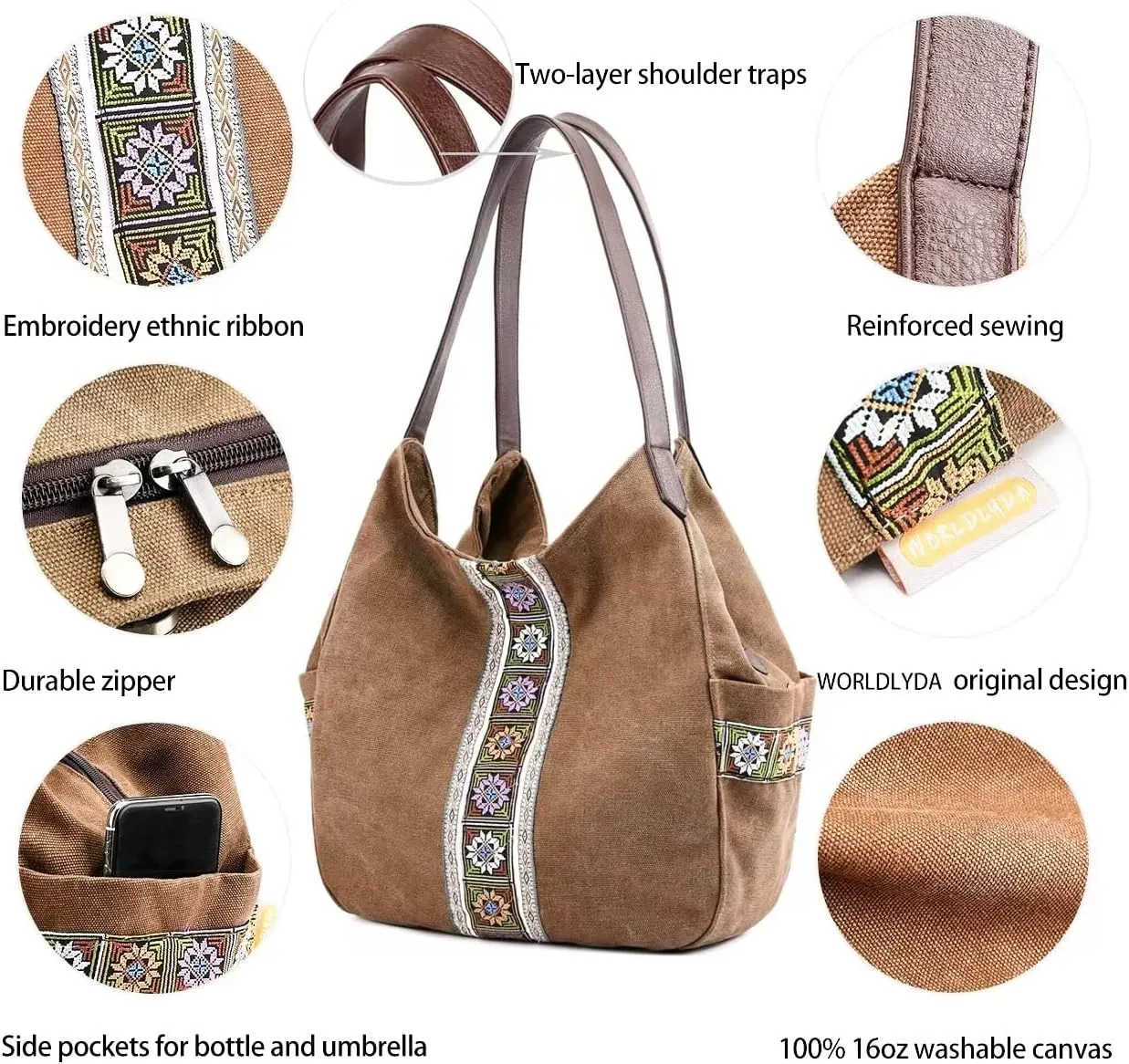 Worldlyda Women Canvas Hobo Purse Multi Pocket Tote Shopper Shoulder Bag Casual Top Handle handbag with Embroidery Ethnic