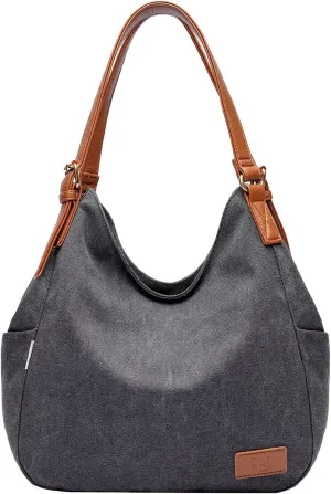 Worldlyda Women Canvas Hobo Purse Multi Pocket Tote Shopper Shoulder Bag Casual Top Handle handbag with Embroidery Ethnic