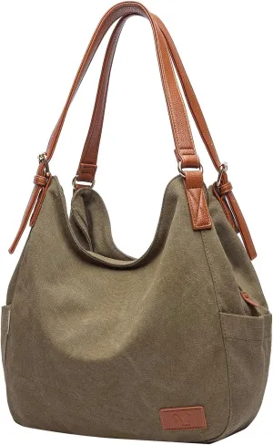 Worldlyda Women Canvas Hobo Purse Multi Pocket Tote Shopper Shoulder Bag Casual Top Handle handbag with Embroidery Ethnic