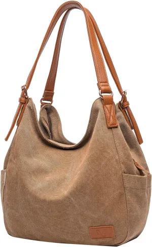 Worldlyda Women Canvas Hobo Purse Multi Pocket Tote Shopper Shoulder Bag Casual Top Handle handbag with Embroidery Ethnic