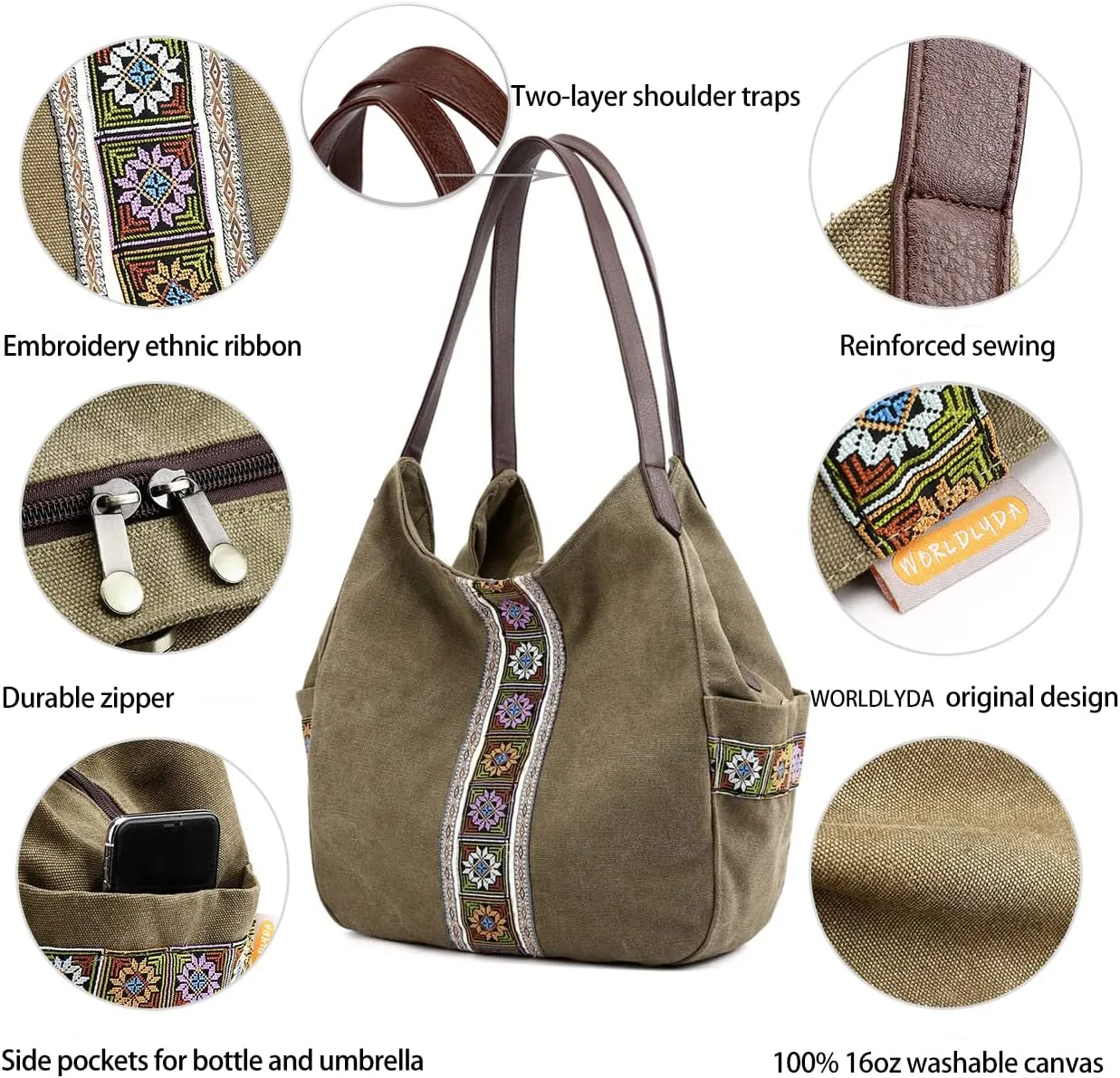 Worldlyda Women Canvas Hobo Purse Multi Pocket Tote Shopper Shoulder Bag Casual Top Handle handbag with Embroidery Ethnic