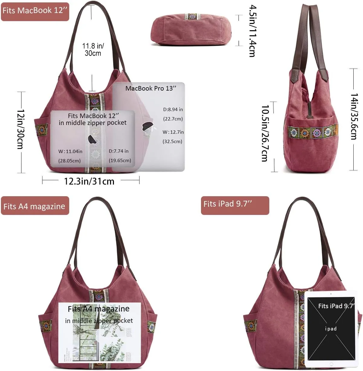 Worldlyda Women Canvas Hobo Purse Multi Pocket Tote Shopper Shoulder Bag Casual Top Handle handbag with Embroidery Ethnic