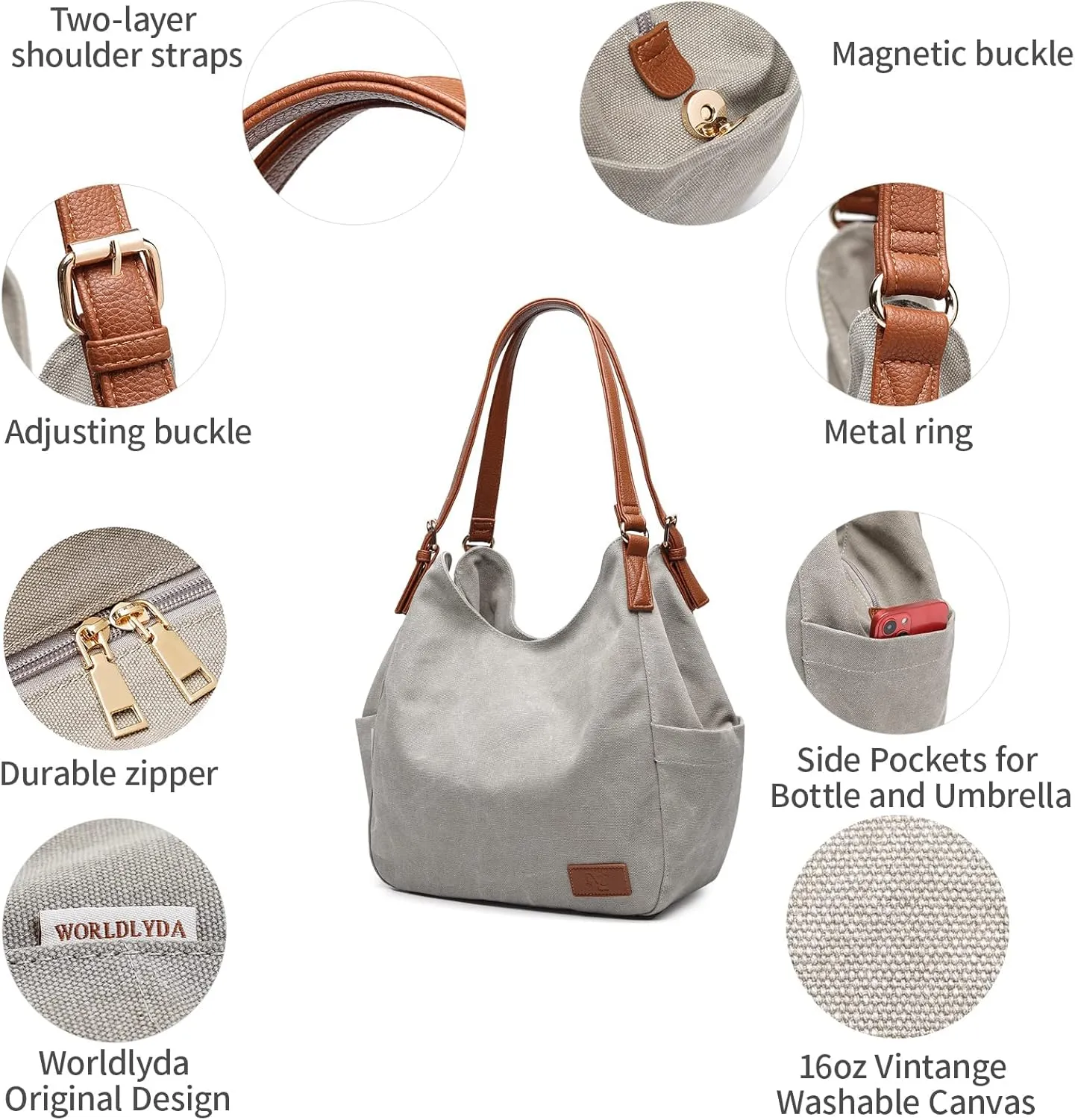 Worldlyda Women Canvas Hobo Purse Multi Pocket Tote Shopper Shoulder Bag Casual Top Handle handbag with Embroidery Ethnic