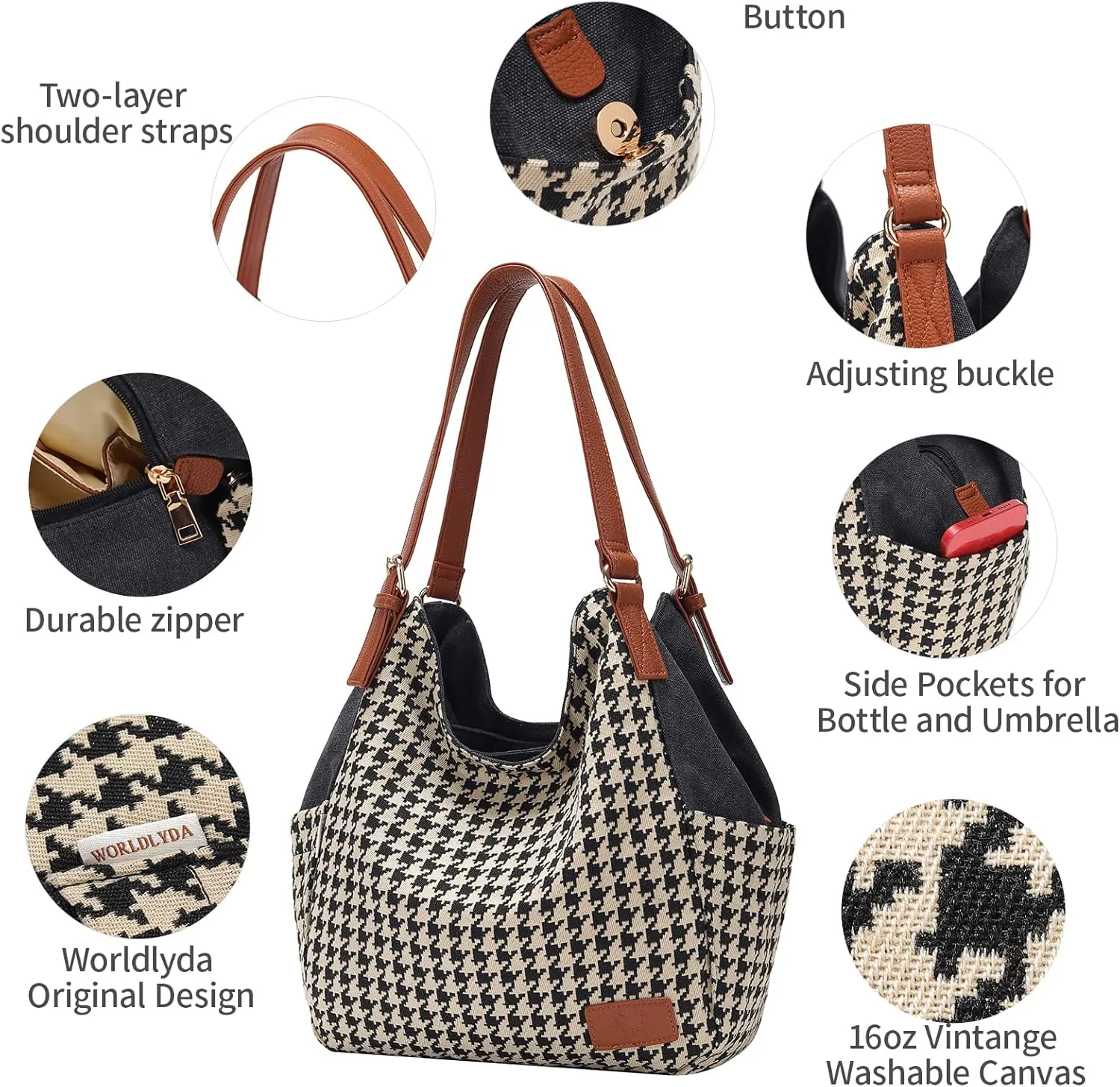 Worldlyda Women Canvas Hobo Purse Multi Pocket Tote Shopper Shoulder Bag Casual Top Handle handbag with Embroidery Ethnic