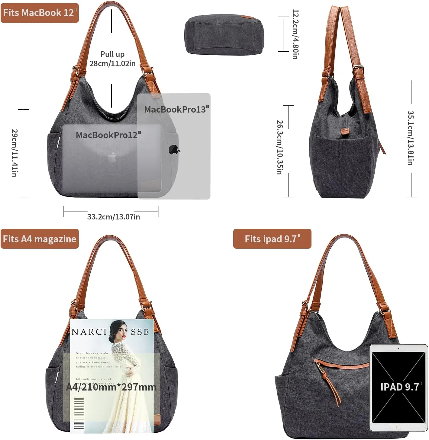 Worldlyda Women Canvas Hobo Purse Multi Pocket Tote Shopper Shoulder Bag Casual Top Handle handbag with Embroidery Ethnic
