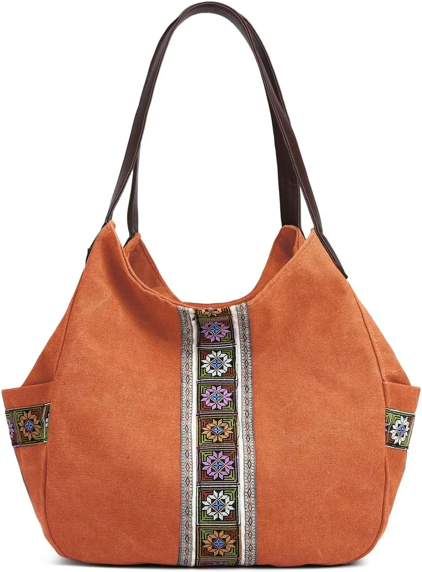 Worldlyda Women Canvas Hobo Purse Multi Pocket Tote Shopper Shoulder Bag Casual Top Handle handbag with Embroidery Ethnic