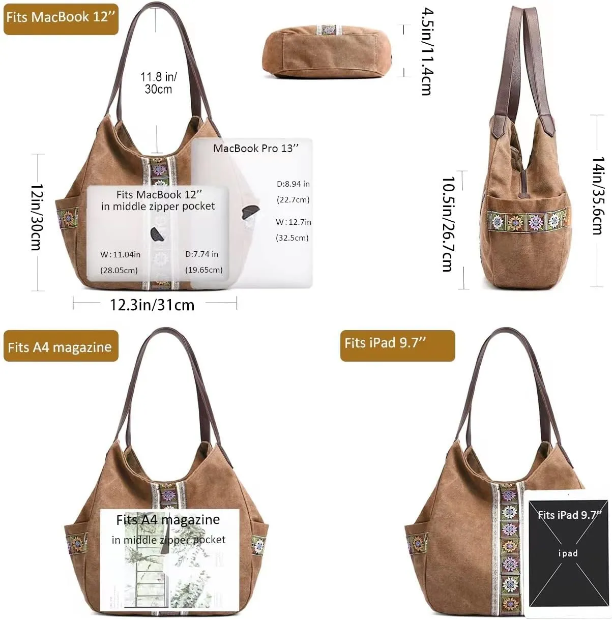 Worldlyda Women Canvas Hobo Purse Multi Pocket Tote Shopper Shoulder Bag Casual Top Handle handbag with Embroidery Ethnic
