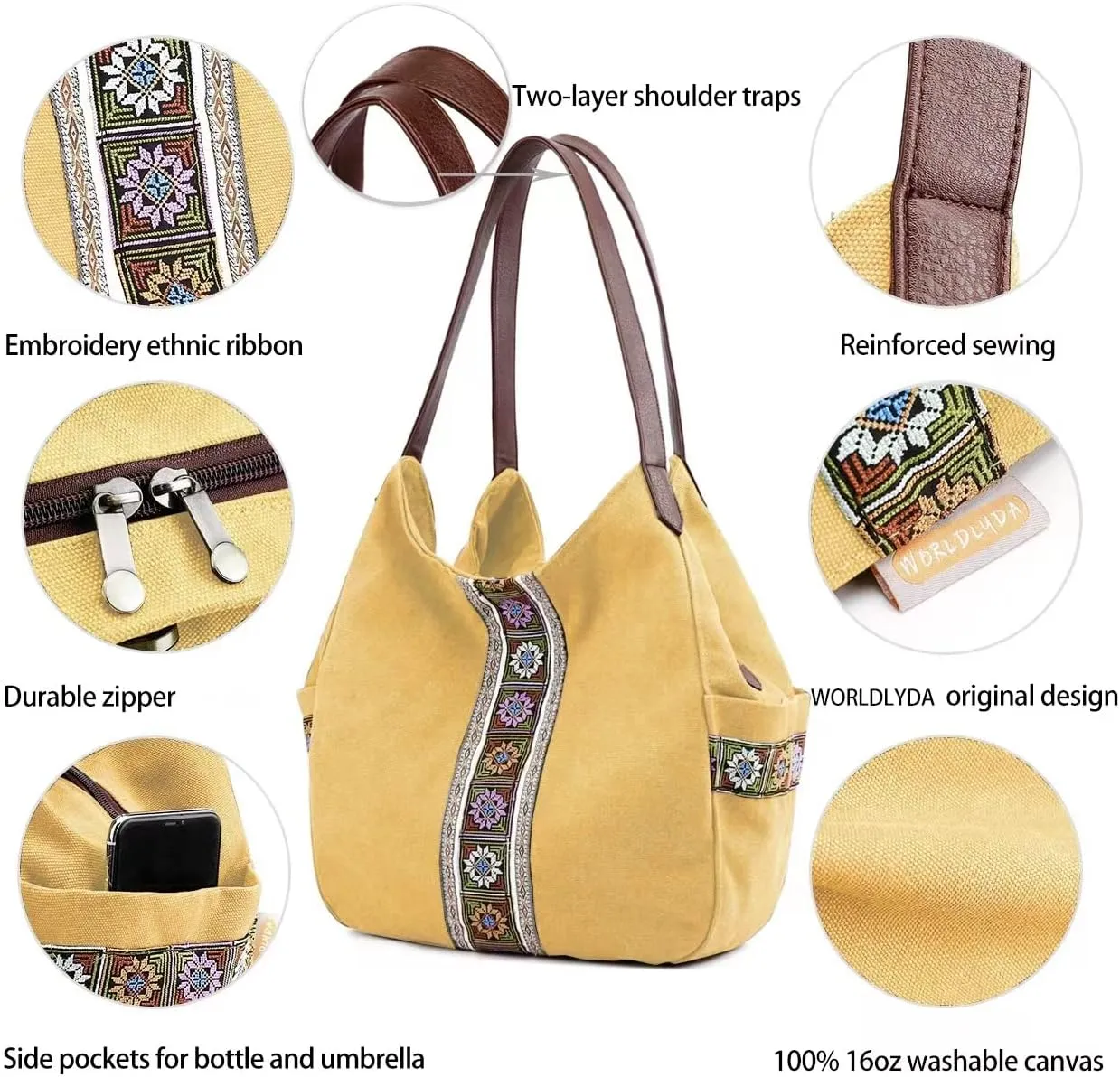 Worldlyda Women Canvas Hobo Purse Multi Pocket Tote Shopper Shoulder Bag Casual Top Handle handbag with Embroidery Ethnic