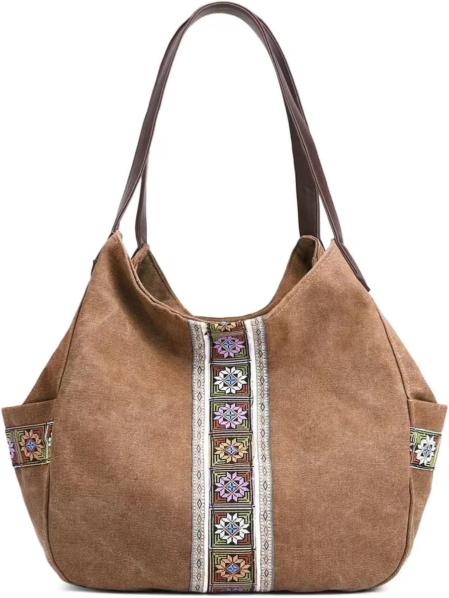 Worldlyda Women Canvas Hobo Purse Multi Pocket Tote Shopper Shoulder Bag Casual Top Handle handbag with Embroidery Ethnic
