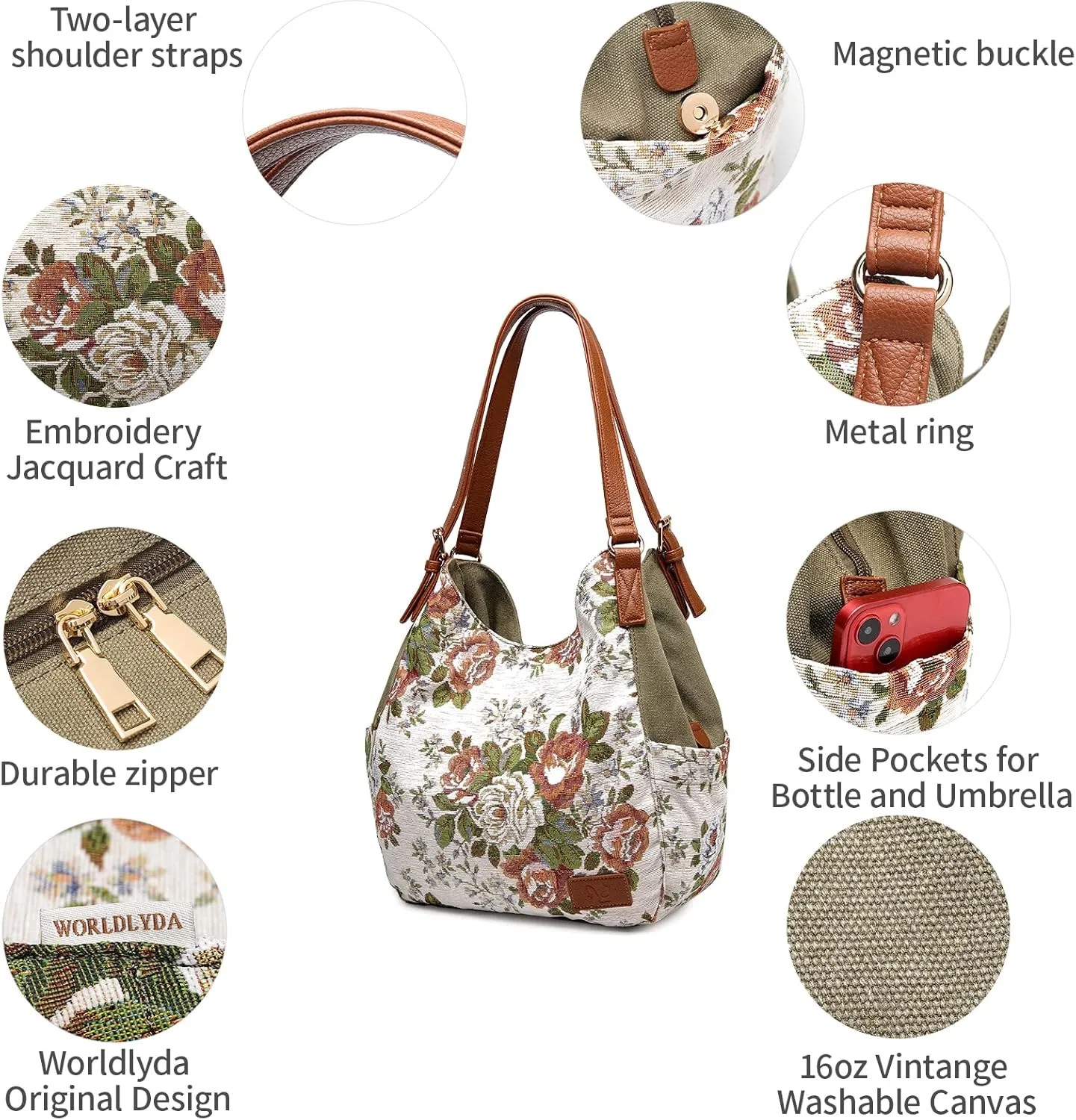 Worldlyda Women Canvas Hobo Purse Multi Pocket Tote Shopper Shoulder Bag Casual Top Handle handbag with Embroidery Ethnic