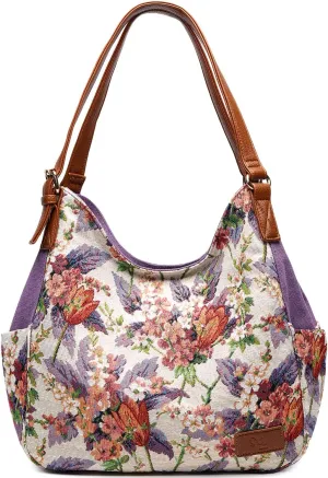 Worldlyda Women Canvas Hobo Purse Multi Pocket Tote Shopper Shoulder Bag Casual Top Handle handbag with Embroidery Ethnic