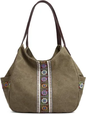 Worldlyda Women Canvas Hobo Purse Multi Pocket Tote Shopper Shoulder Bag Casual Top Handle handbag with Embroidery Ethnic