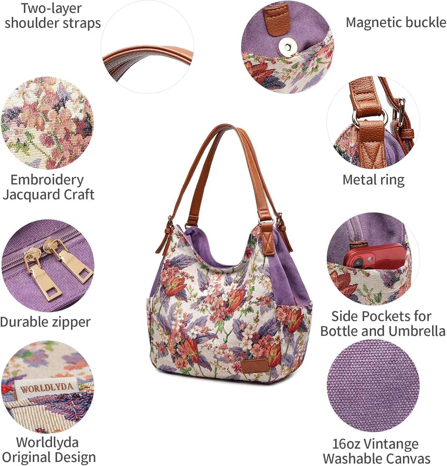 Worldlyda Women Canvas Hobo Purse Multi Pocket Tote Shopper Shoulder Bag Casual Top Handle handbag with Embroidery Ethnic