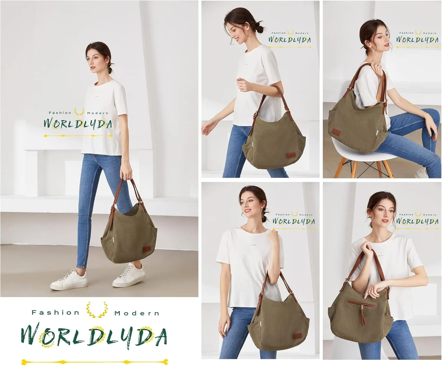 Worldlyda Women Canvas Hobo Purse Multi Pocket Tote Shopper Shoulder Bag Casual Top Handle handbag with Embroidery Ethnic