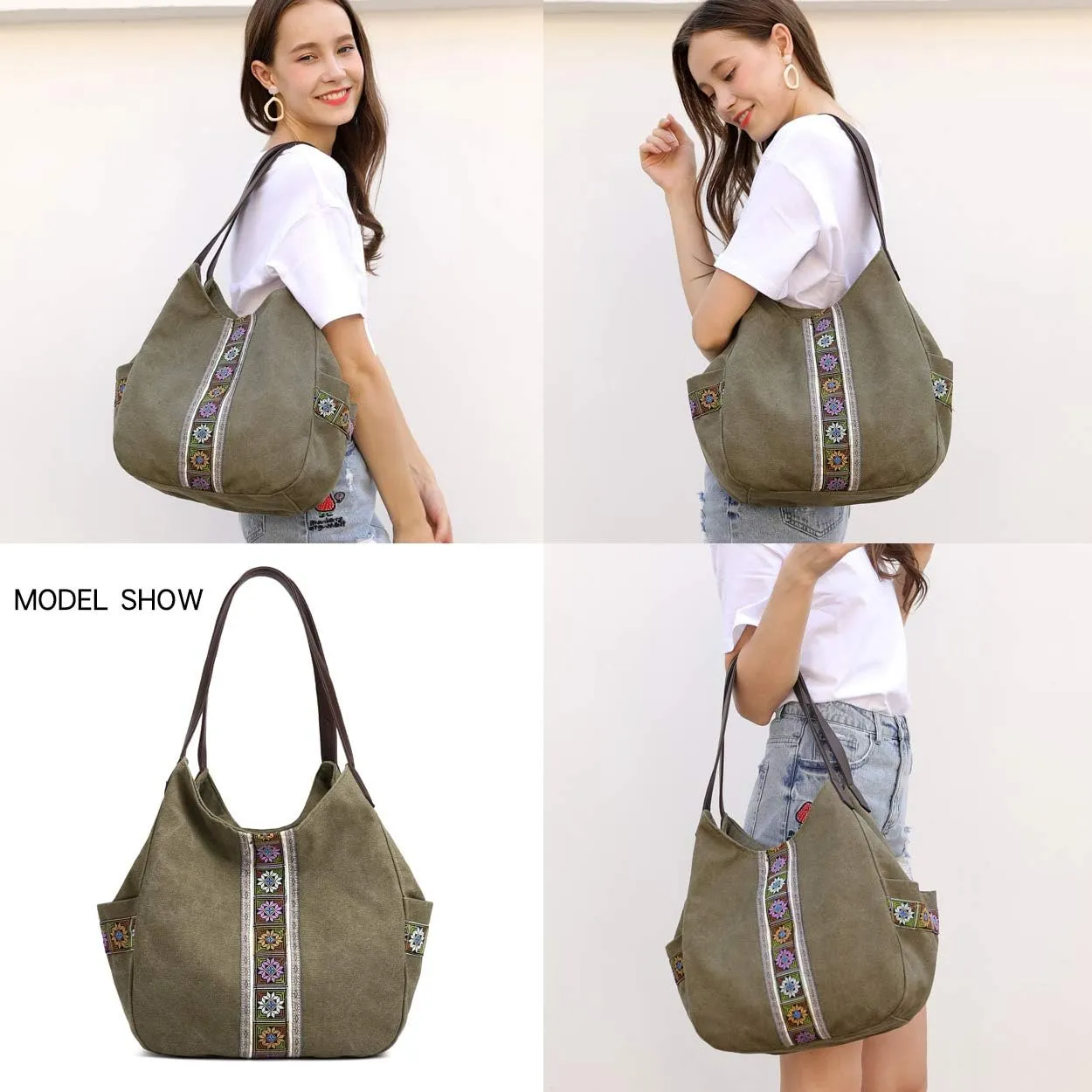 Worldlyda Women Canvas Hobo Purse Multi Pocket Tote Shopper Shoulder Bag Casual Top Handle handbag with Embroidery Ethnic