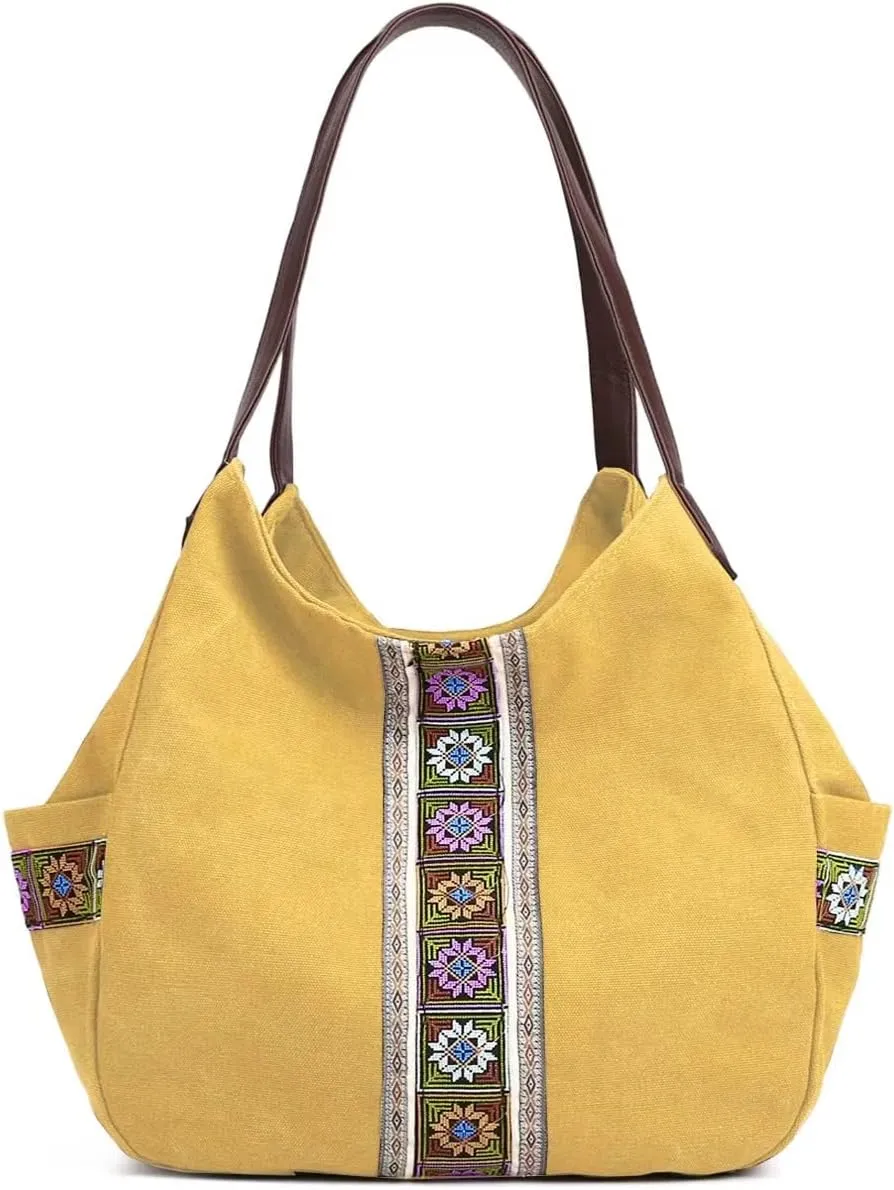 Worldlyda Women Canvas Hobo Purse Multi Pocket Tote Shopper Shoulder Bag Casual Top Handle handbag with Embroidery Ethnic