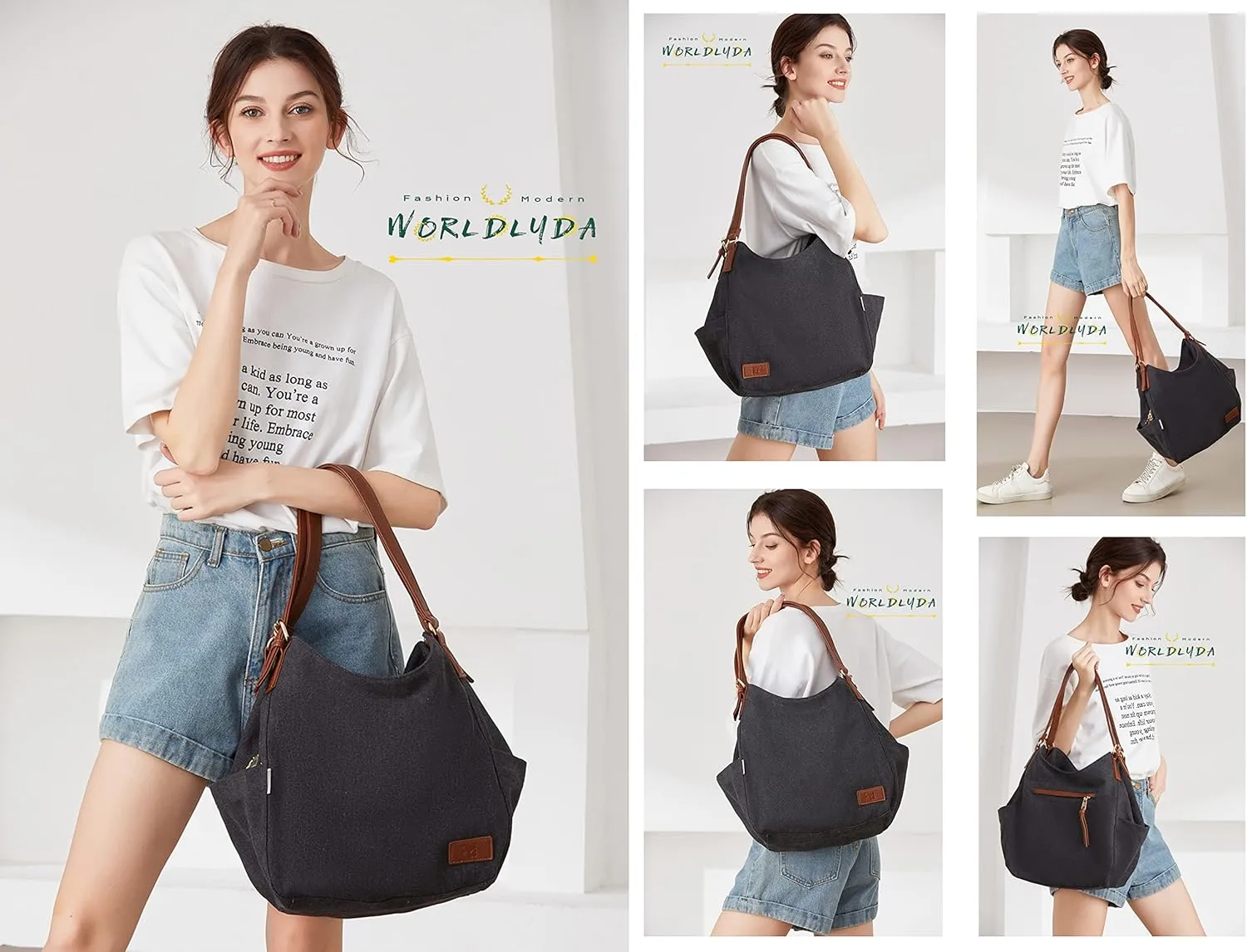 Worldlyda Women Canvas Hobo Purse Multi Pocket Tote Shopper Shoulder Bag Casual Top Handle handbag with Embroidery Ethnic