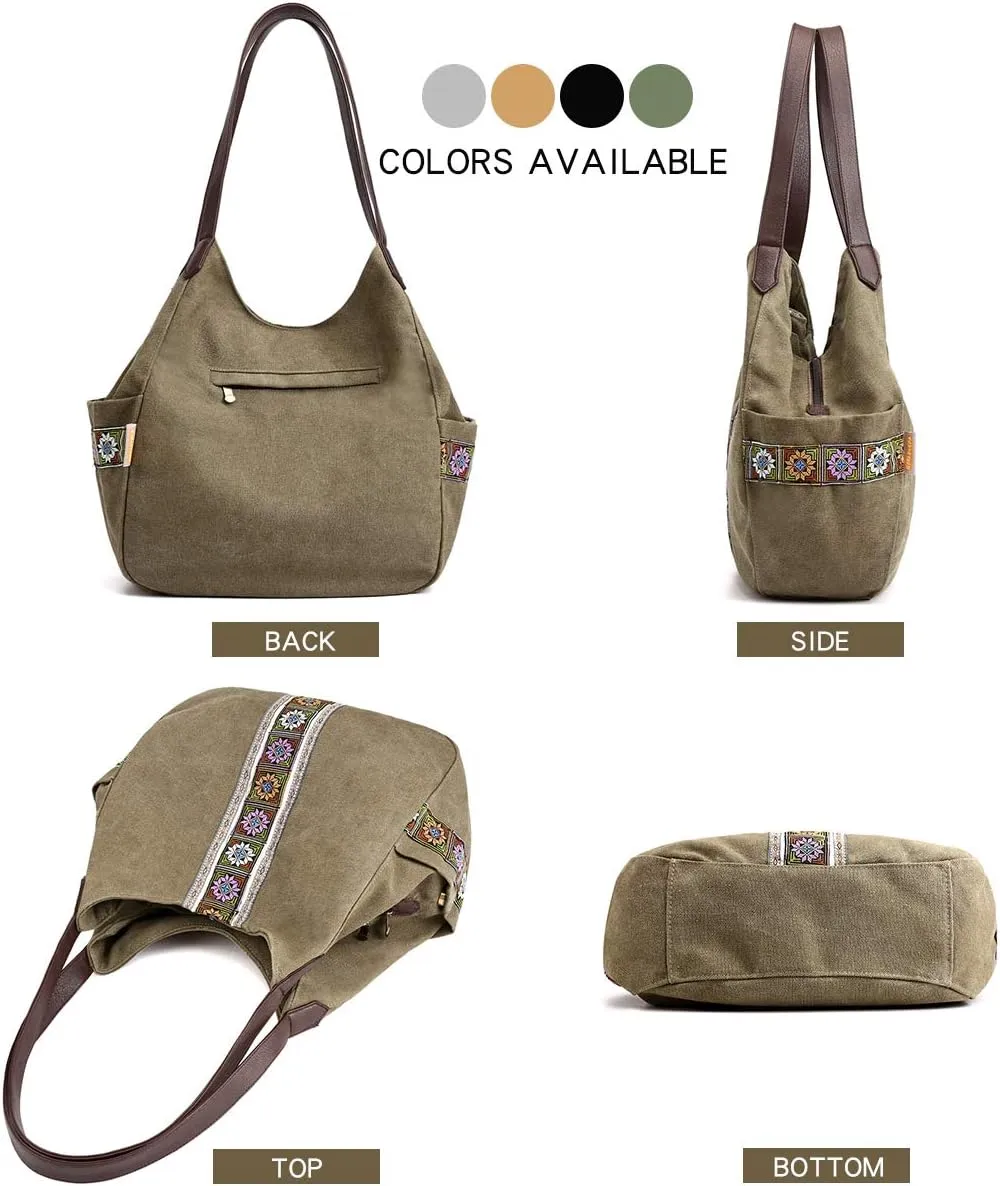 Worldlyda Women Canvas Hobo Purse Multi Pocket Tote Shopper Shoulder Bag Casual Top Handle handbag with Embroidery Ethnic
