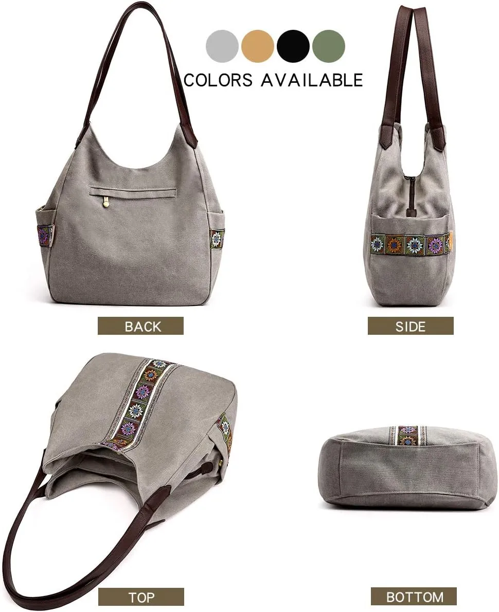 Worldlyda Women Canvas Hobo Purse Multi Pocket Tote Shopper Shoulder Bag Casual Top Handle handbag with Embroidery Ethnic