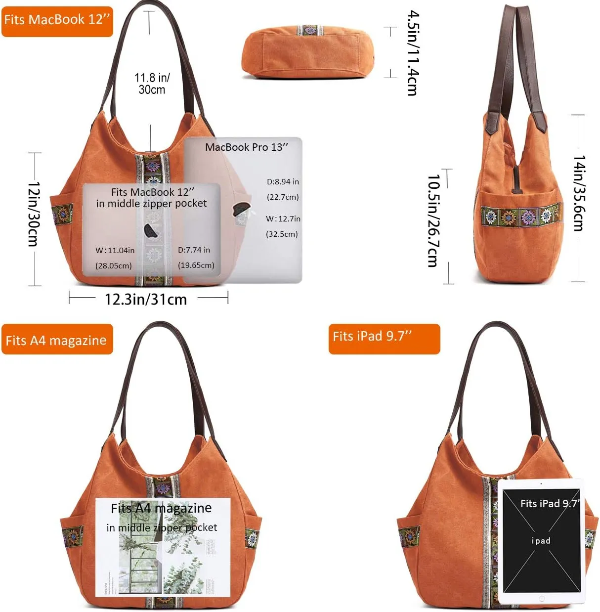 Worldlyda Women Canvas Hobo Purse Multi Pocket Tote Shopper Shoulder Bag Casual Top Handle handbag with Embroidery Ethnic