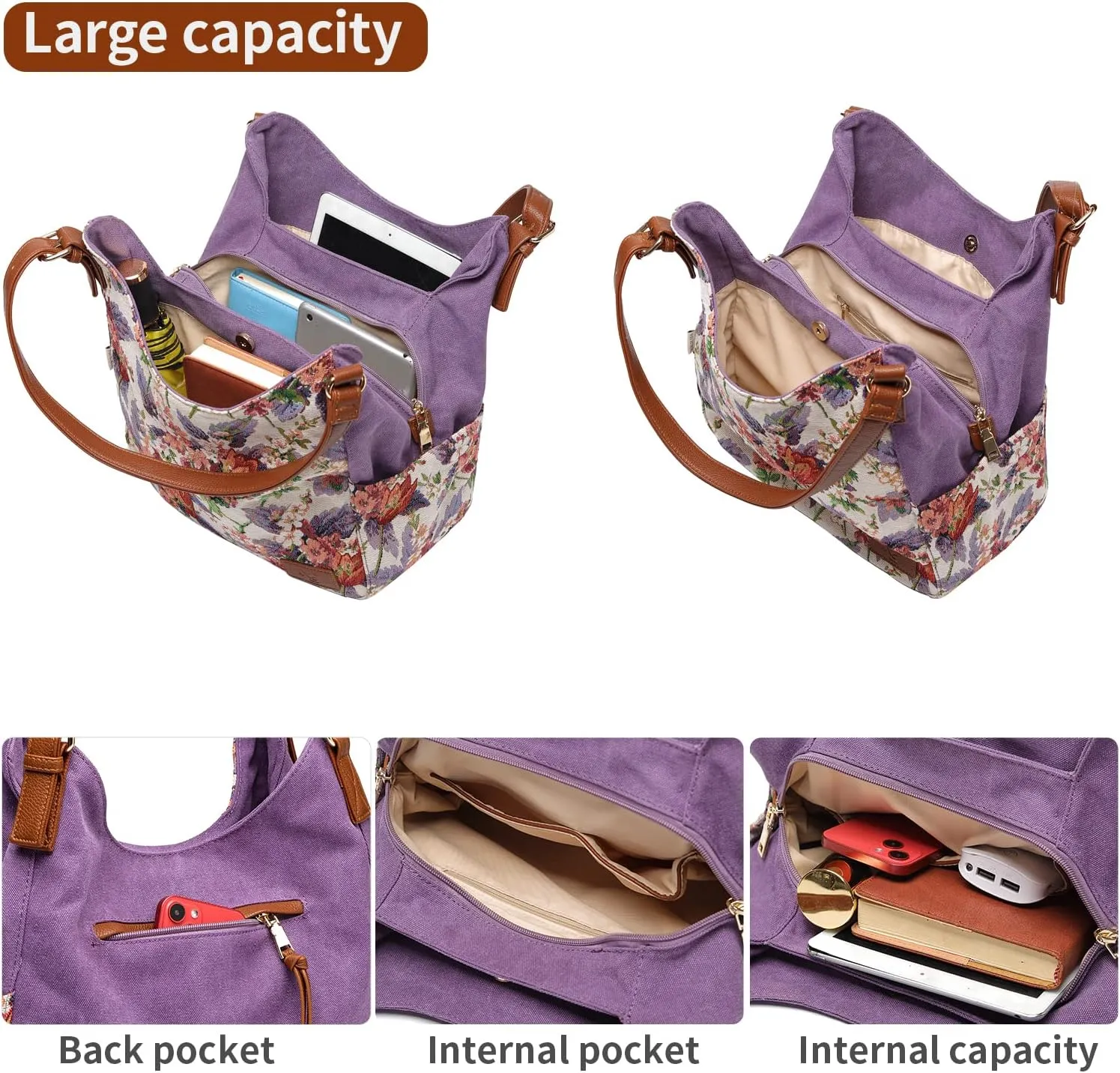 Worldlyda Women Canvas Hobo Purse Multi Pocket Tote Shopper Shoulder Bag Casual Top Handle handbag with Embroidery Ethnic