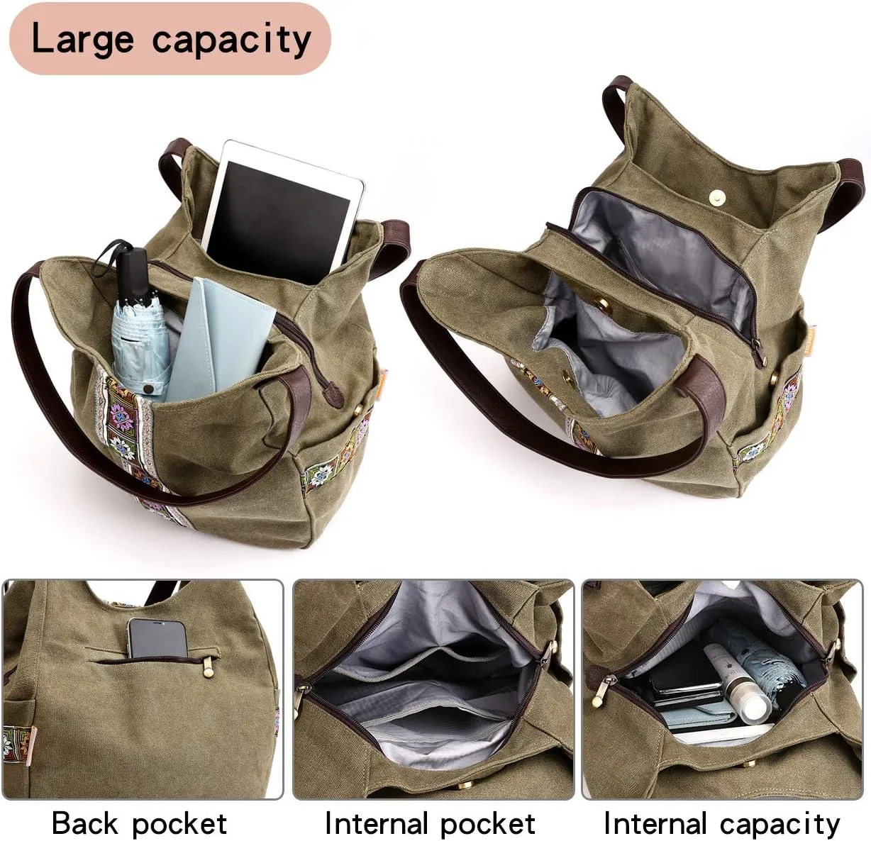 Worldlyda Women Canvas Hobo Purse Multi Pocket Tote Shopper Shoulder Bag Casual Top Handle handbag with Embroidery Ethnic
