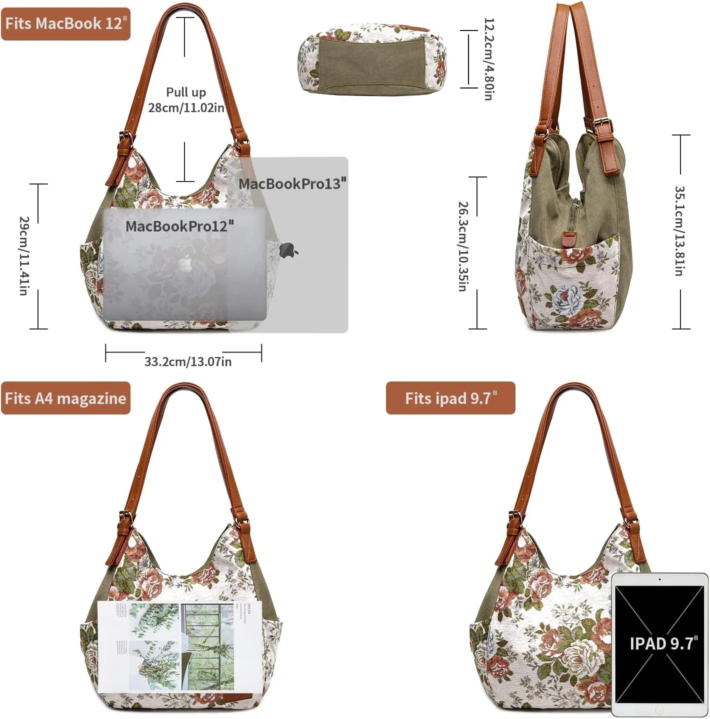 Worldlyda Women Canvas Hobo Purse Multi Pocket Tote Shopper Shoulder Bag Casual Top Handle handbag with Embroidery Ethnic