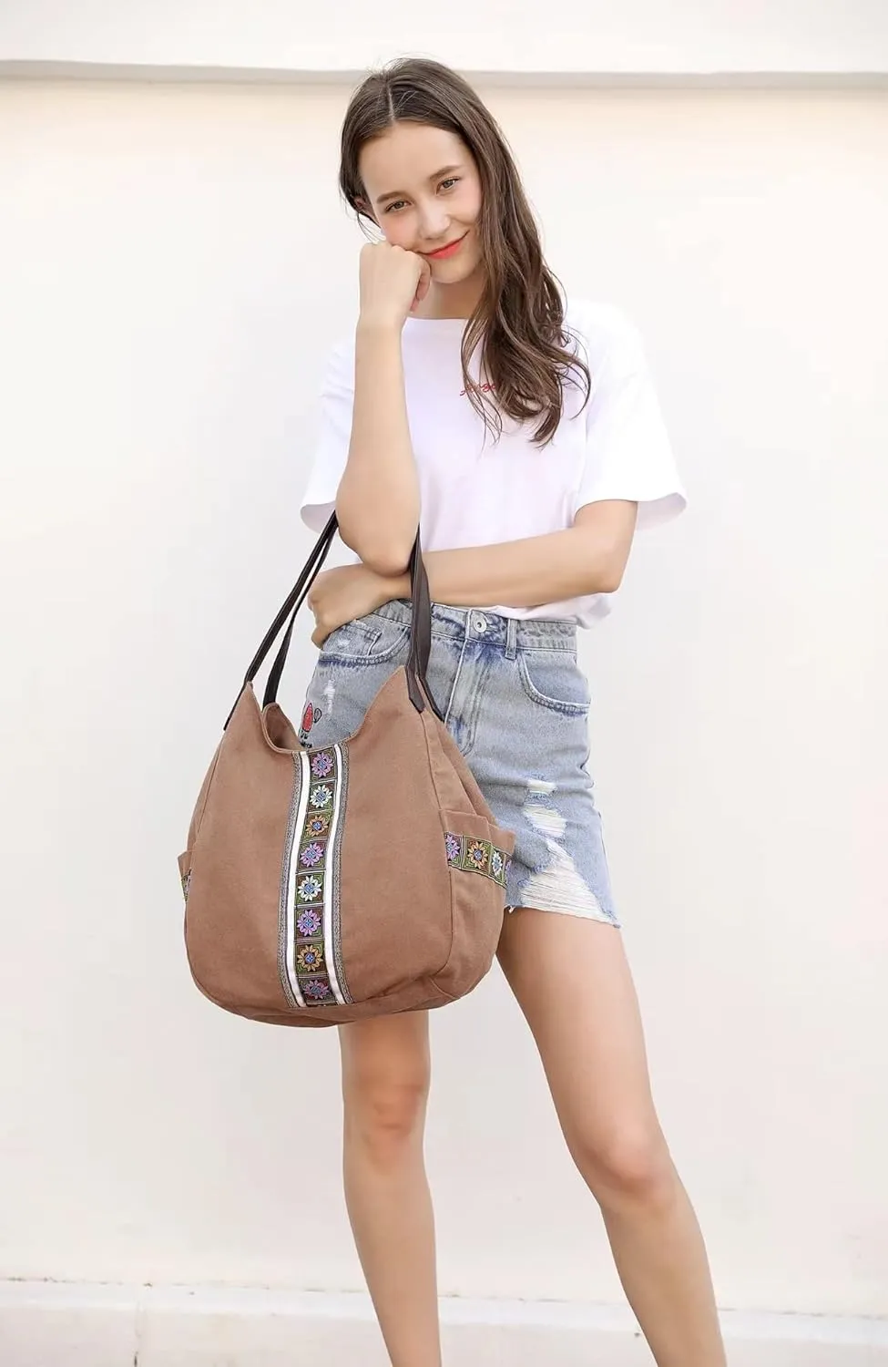 Worldlyda Women Canvas Hobo Purse Multi Pocket Tote Shopper Shoulder Bag Casual Top Handle handbag with Embroidery Ethnic