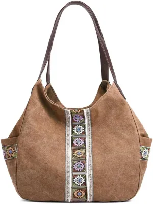 Worldlyda Women Canvas Hobo Purse Multi Pocket Tote Shopper Shoulder Bag Casual Top Handle handbag with Embroidery Ethnic