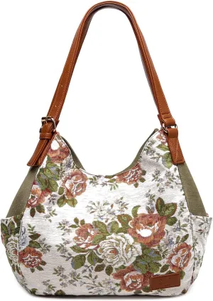 Worldlyda Women Canvas Hobo Purse Multi Pocket Tote Shopper Shoulder Bag Casual Top Handle handbag with Embroidery Ethnic