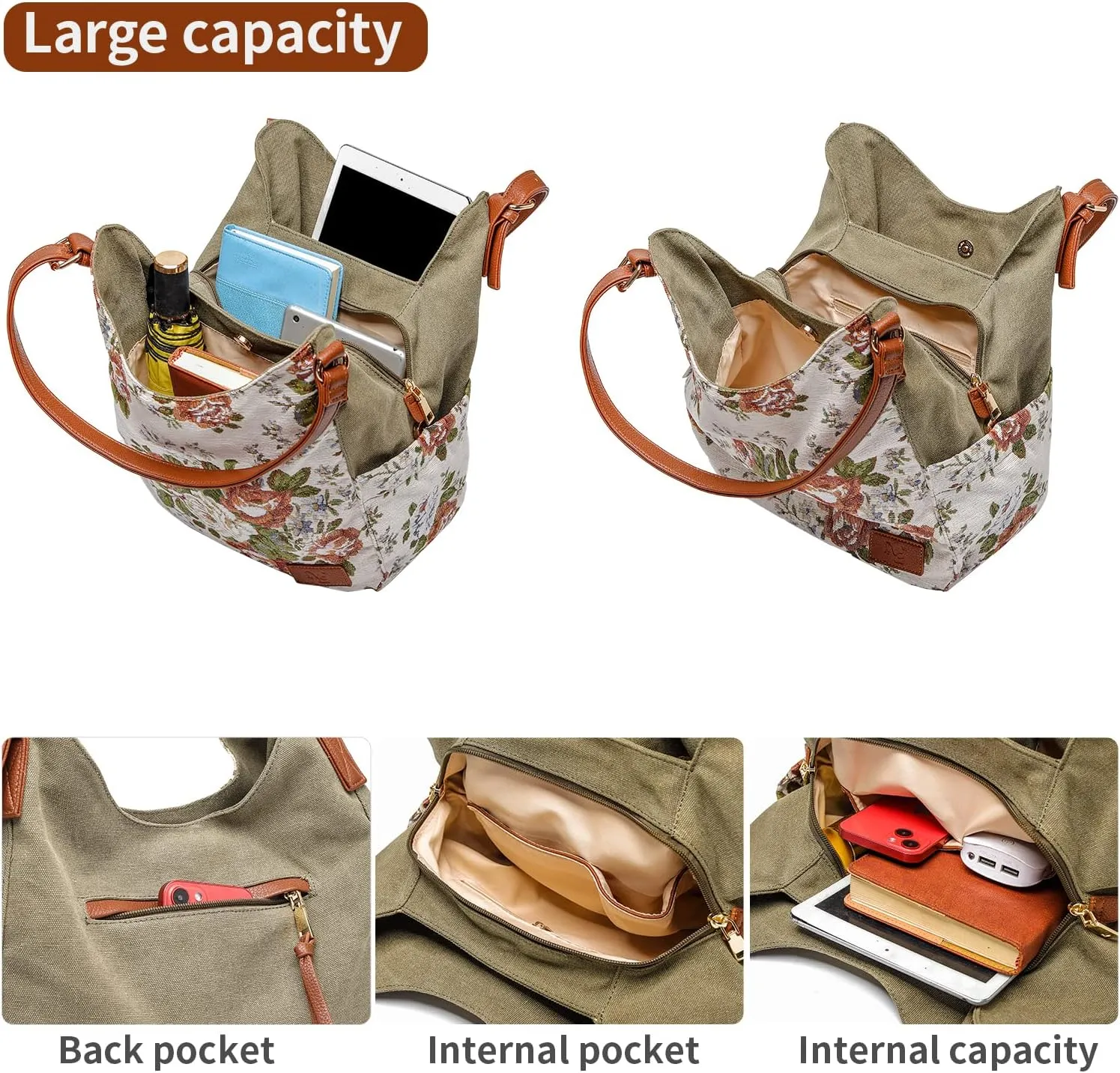 Worldlyda Women Canvas Hobo Purse Multi Pocket Tote Shopper Shoulder Bag Casual Top Handle handbag with Embroidery Ethnic