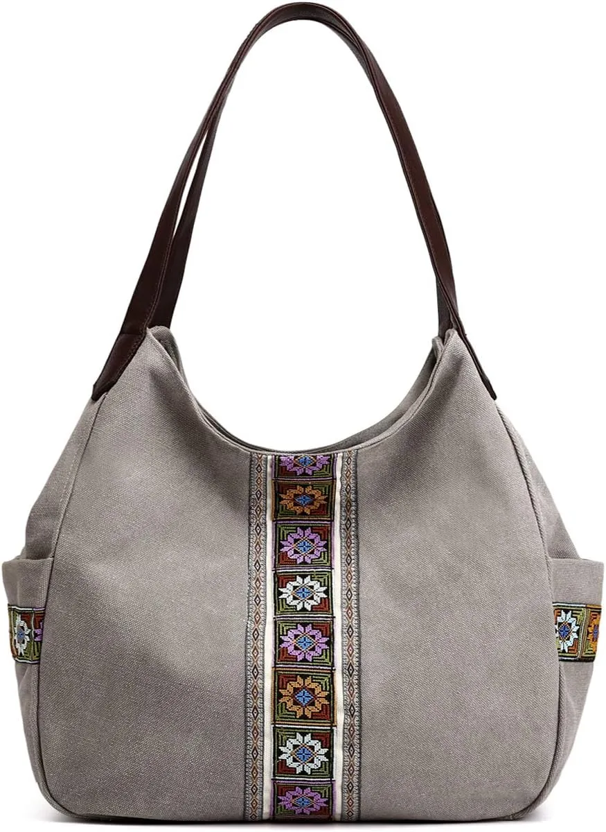 Worldlyda Women Canvas Hobo Purse Multi Pocket Tote Shopper Shoulder Bag Casual Top Handle handbag with Embroidery Ethnic
