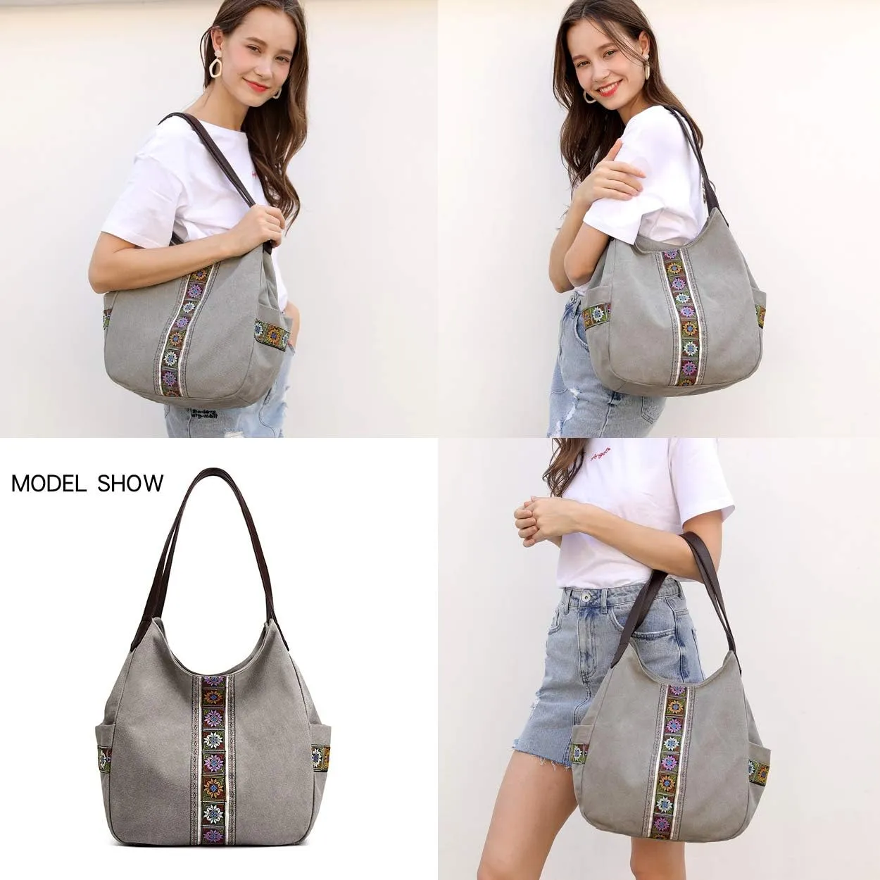 Worldlyda Women Canvas Hobo Purse Multi Pocket Tote Shopper Shoulder Bag Casual Top Handle handbag with Embroidery Ethnic