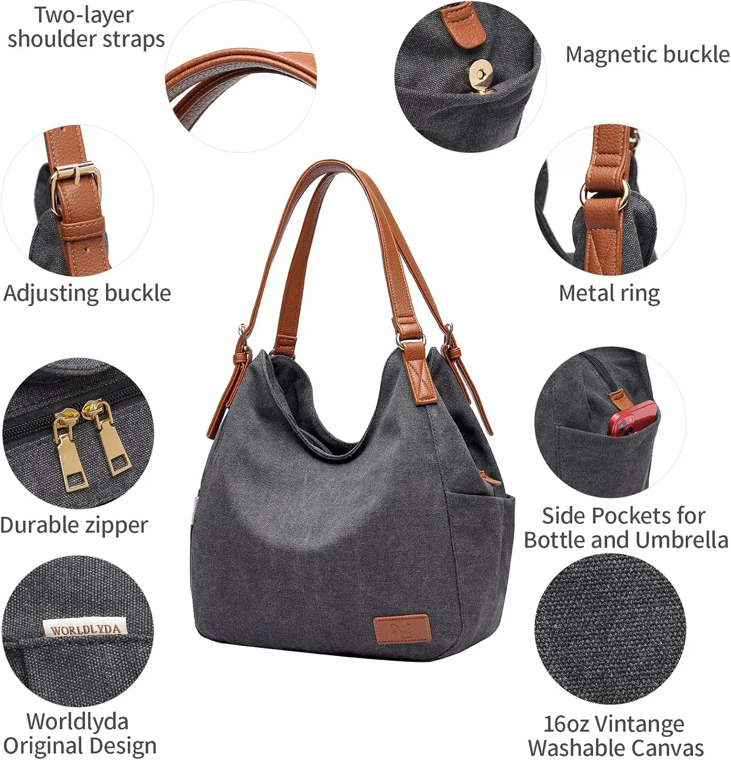Worldlyda Women Canvas Hobo Purse Multi Pocket Tote Shopper Shoulder Bag Casual Top Handle handbag with Embroidery Ethnic