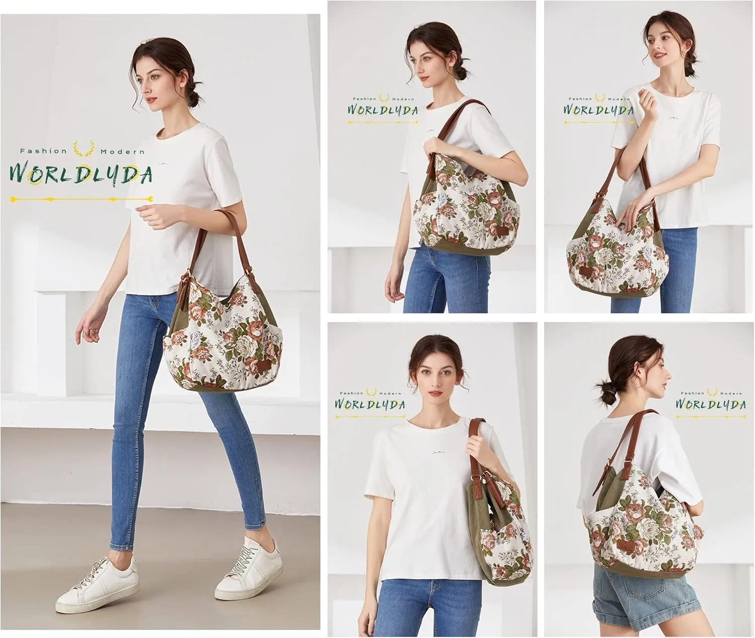 Worldlyda Women Canvas Hobo Purse Multi Pocket Tote Shopper Shoulder Bag Casual Top Handle handbag with Embroidery Ethnic