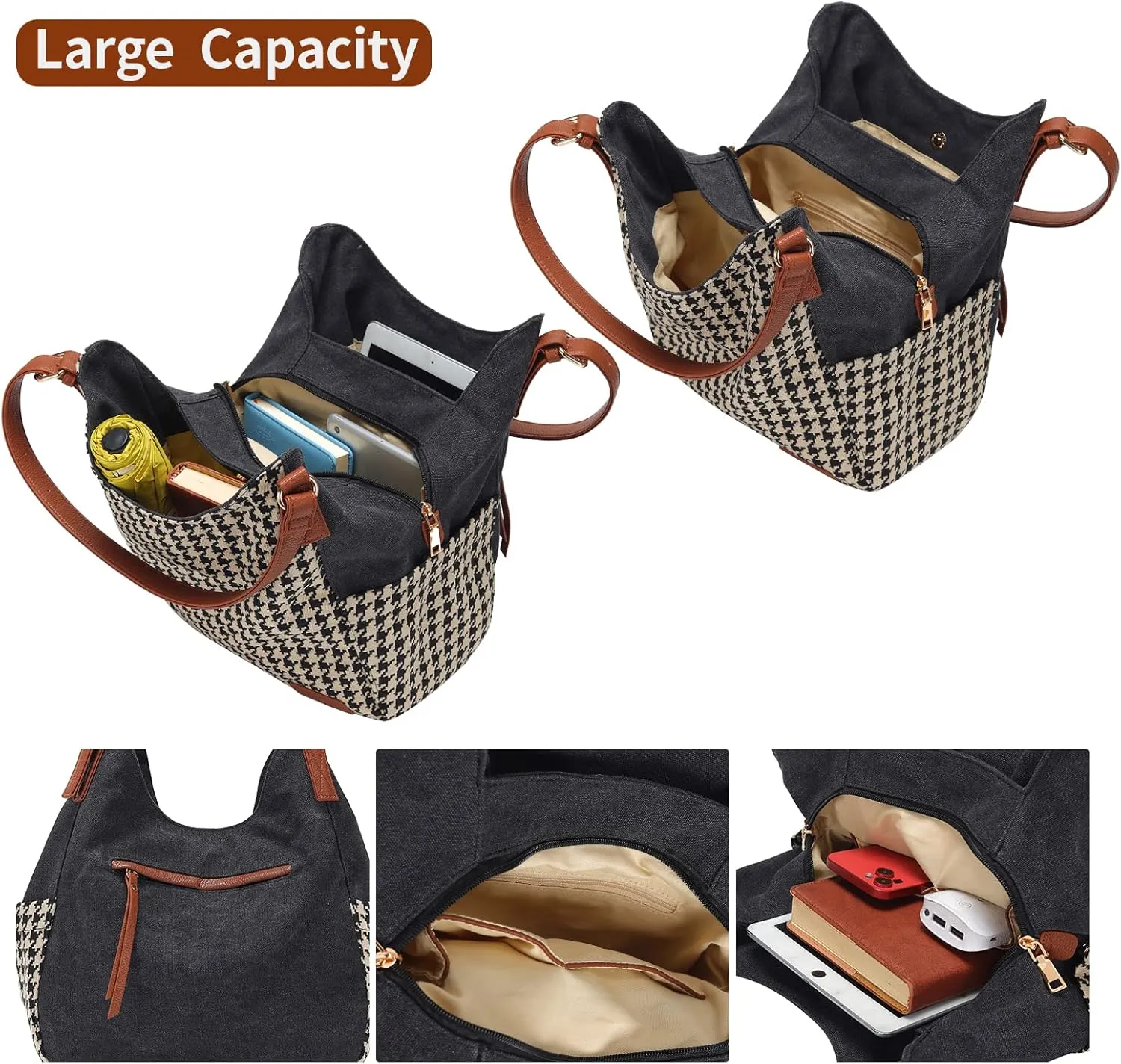 Worldlyda Women Canvas Hobo Purse Multi Pocket Tote Shopper Shoulder Bag Casual Top Handle handbag with Embroidery Ethnic